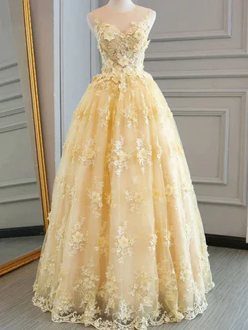 fitted dressYellow Sheer A-Line Appliques Tulle  Long Prom Dress,DP960