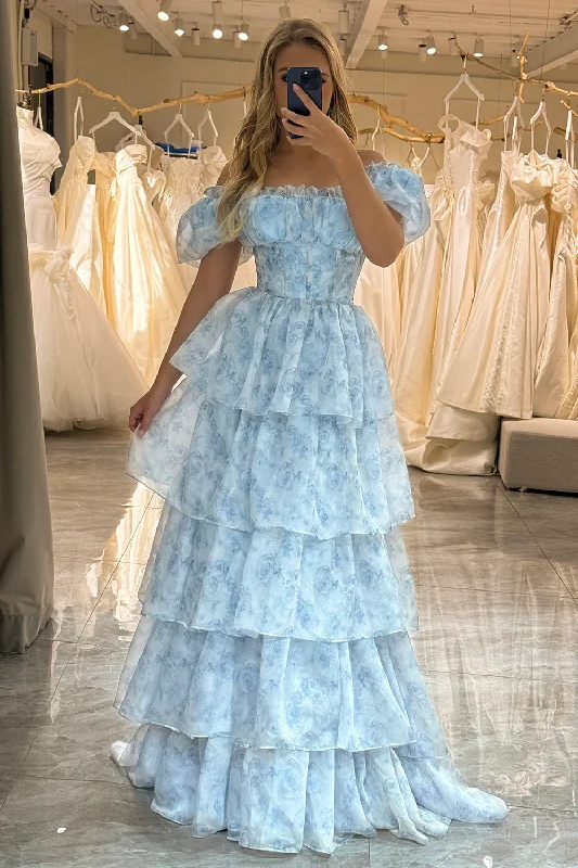 sophisticated dressLight Blue Off Shoulder Tulle Tiered Long Prom Dress,DP1066