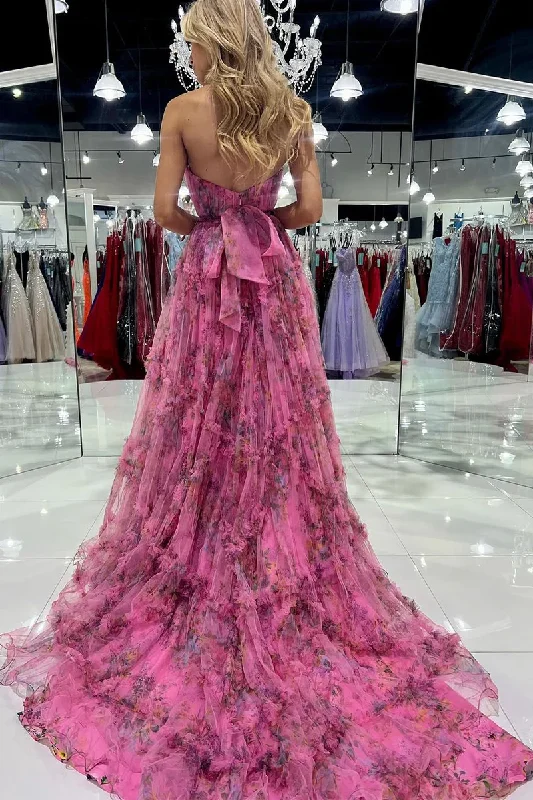 comfy maxi dressChiffon A-Line Strapless Floral Printed Backless Long Prom Dresses with High Slit,DP721