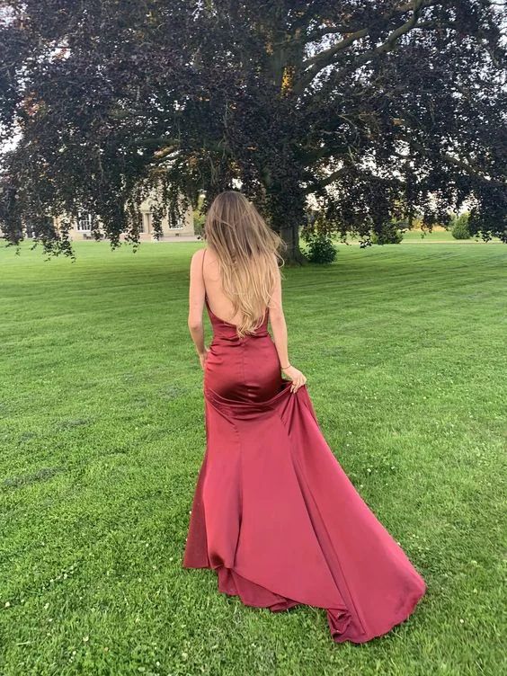 comfy dressRed V Neck Backless Long Prom Dress with Slit,DP933