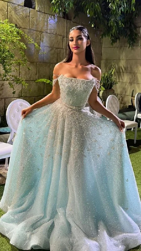 satin dressGlitter Light Blue Off Shoulder A-Line Long Prom Dress Shiny Evening Party Dress,DP748