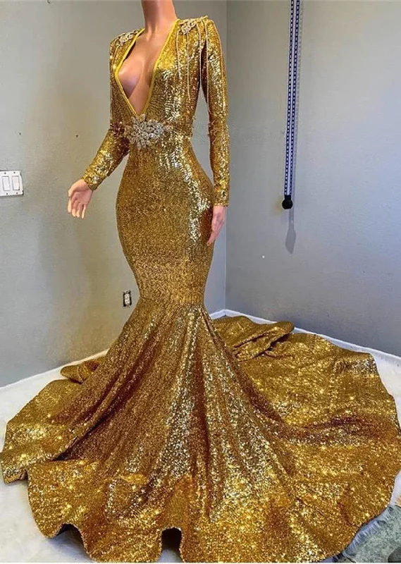 chic dressGorgeous Gold Sequins Long Sleeves Prom Dress Mermaid Deep V-Neck,DP862