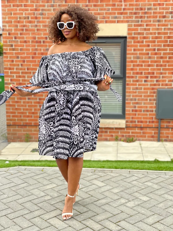 layered dressBertha Ankara Off shoulder Midi Dress | Black and White African Print