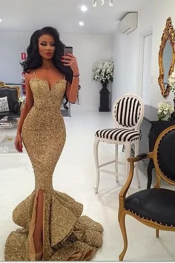 velvet dressSpaghetti Straps Gold Sequin Mermaid Front Slit Long Prom Dress,DP842