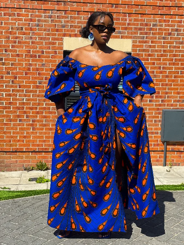 mini dressNimi Ankara Off Shoulder Maxi Dress | Blue and Orange African Print