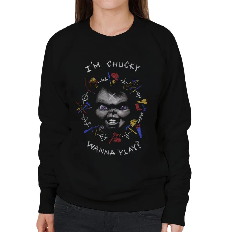 comfortable athletic sweatshirtChucky Im Chucky Wanna Play Quote Women's Sweatshirt