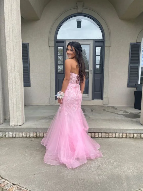 comfy maxi dressPink Strapless Tulle Appliques Mermaid Long Prom Dress,DP916