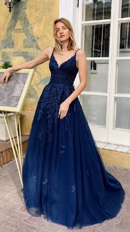 mini dressNavy Blue Spaghetti Straps A-Line Tulle Long Prom Dress with Appliques,DP981