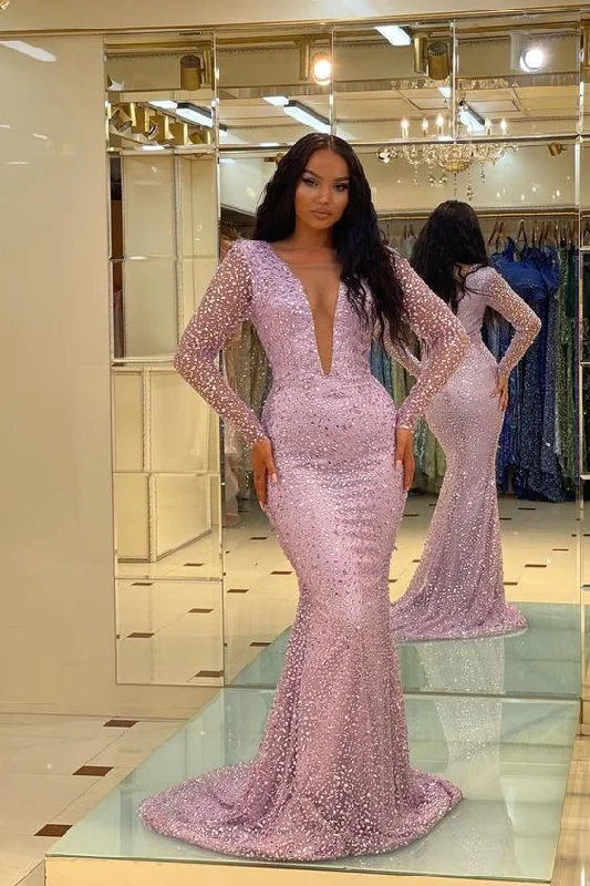 winter dressMermaid Long Sleeves Deep V-Neck Prom Dress With Crystal,DP865