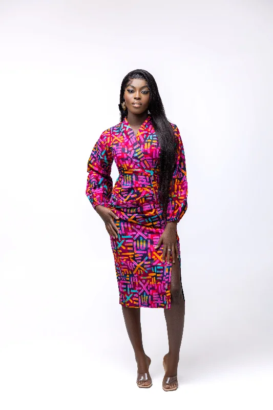 textured dressQuin Ankara Midi Dress | Pink and Yellow Multicolored African Print