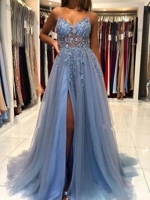 vintage dressDusty Blue A-Line Tulle BeadsLong Prom Dress with Slit,DP1017