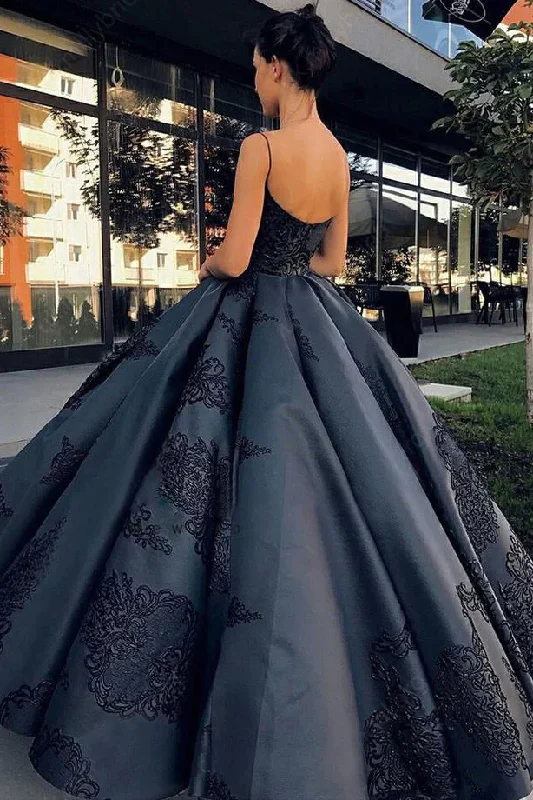 party-ready dressBlack Open Back Appliques A-Line Long Prom Dress Evening Gown,DP932