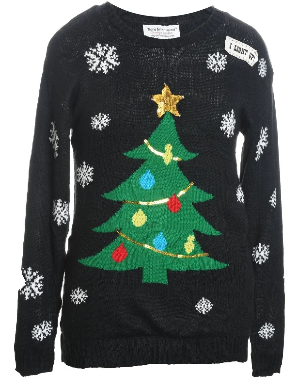 Black Knit Sequined Christmas Jumper - M