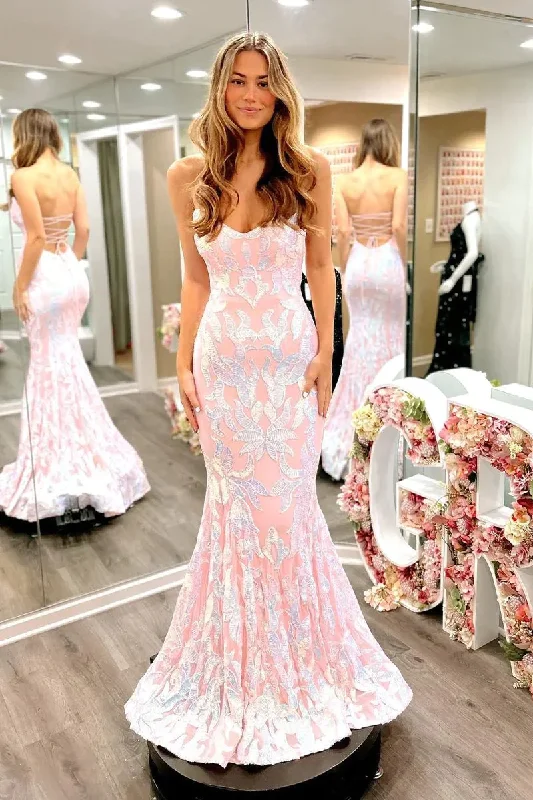 satin midi dressBlush Pink Cute Mermaid Scoop Neck Satin Prom Dresses with Sequins Lace,DP724