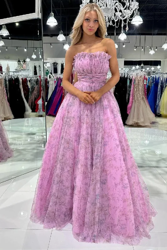 printed dressChic Strapless A-Line Tulle Long Prom Dress,DP991