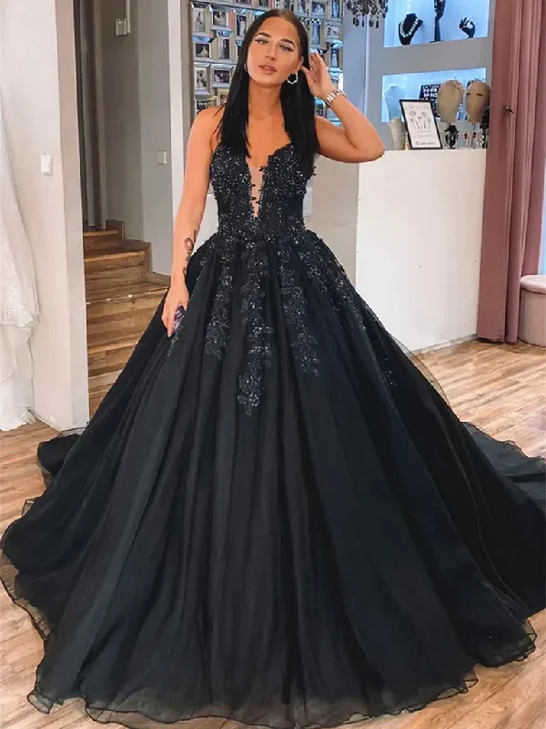 v-neck dressBlack V Neck Tulle A-Line Long Prom Dress with Appliques,DP1010