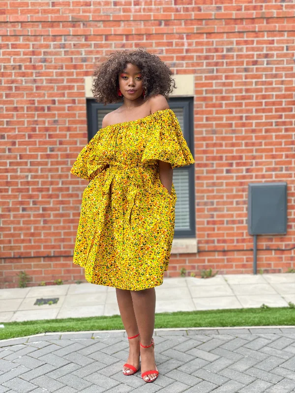 summer floral dressBailey Ankara Off Shoulder Midi Dress | Yellow African Print