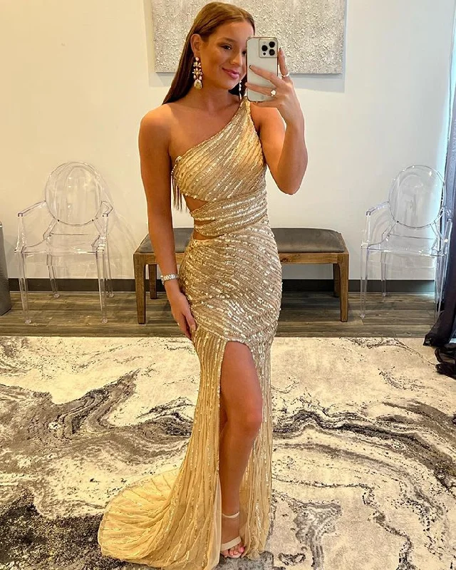 velvet dressGold One Shoulder Sequined Long Prom Party Dress,DP1050