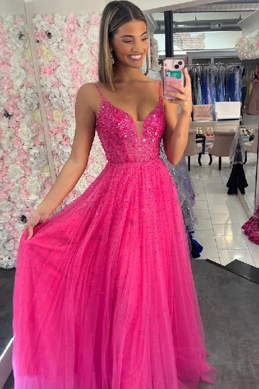 wrap dressStraps Hot Pink Beaded A-Line Long Formal Dress,DP889