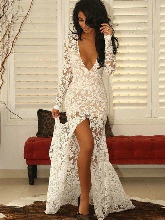 form-fitting dressWhite Deep V-neck Long Sleeves See Through Long Prom Dress,DP951