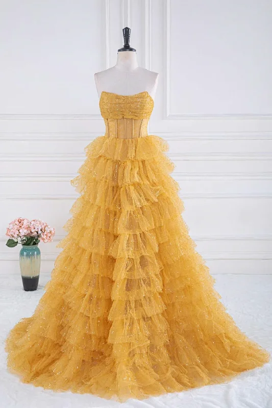 elegant shift dressYellow Strapless Tulle Layered A-Line Prom Dress,DP963