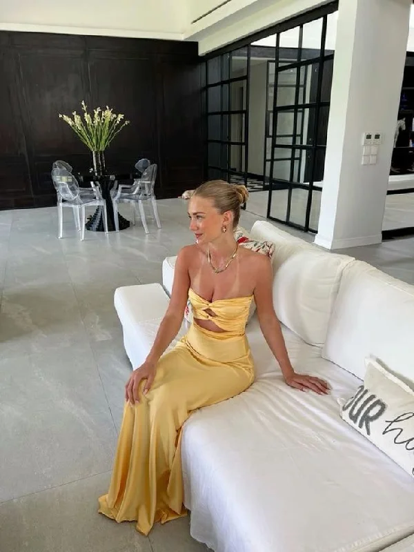 trendy bodycon dressYellow Strapless Cut Out Long Prom Dress,DP1055