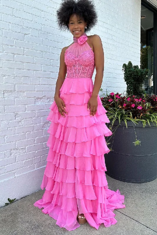 wool dressHot Pink Halter Open Back Chiffon Tiered Long Prom Dress,DP1015