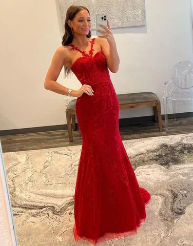 elegant maxi dressCharming Red Mermaid Backless Tulle Long Prom Dress,DP956