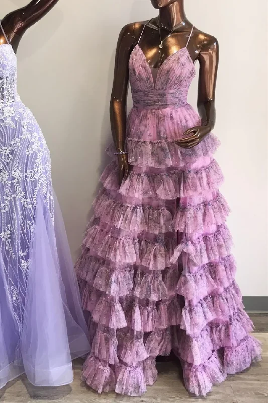 elegant maxi dressLilac Print Lace-Up Ruffle Tiered Long Prom Dress,DP825