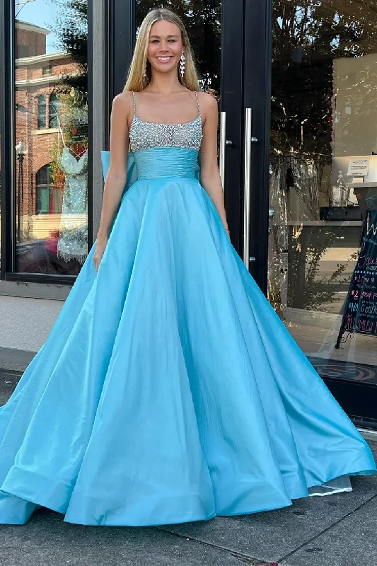 A-line dressPrincess Blue Bow Beading A-Line Long Prom Dress Birthday Dress,DP1025