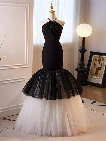 wool dressBlack and White Halter Mermaid Tulle Long Prom Dress,DP957