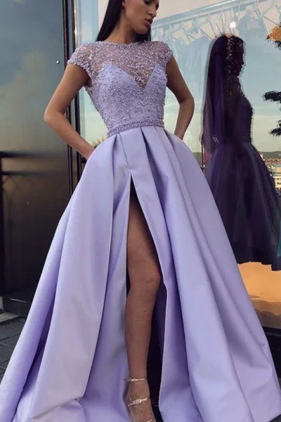 formal dressLilac Satin A-Line Long Prom Dress with Slit,DP924