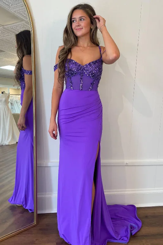 luxury dressPurple Off Shoulder Beading Long Prom Party Dress with Slit,DP986