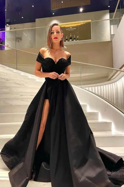 sleek midi dressBlack A-Line Off Shoulder Sweep Train Long Prom Dress with Slit,DP974