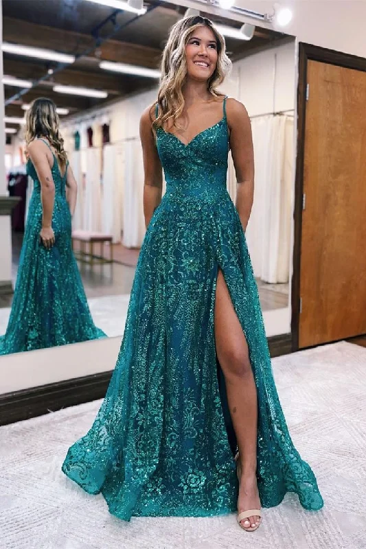 romantic dressGreen A-line Spaghetti Straps Lace Sleeveless Long Prom Dress With Slit,DP714