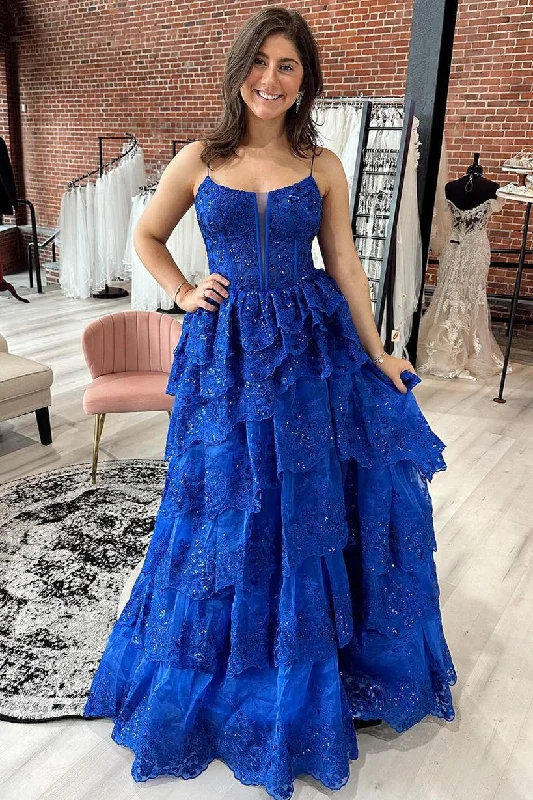 modern dressRoyal Blue Sequined A-Line Tulle Lace Tiered Long Prom Dress,DP982