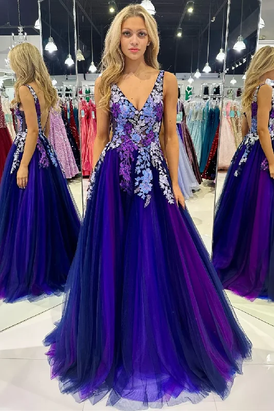 off-the-shoulder dressPurple Backless Tulle Appliques Formal Party Dress,DP1013