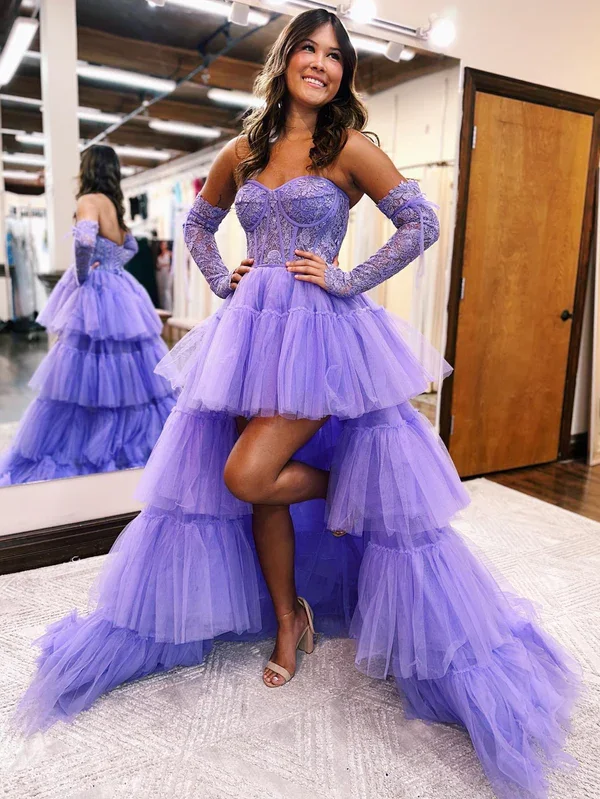 statement dressPurple High-Low Asymmetrical Strapless Tiered Tulle Prom Dress,DP735