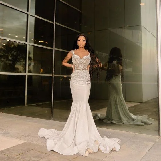 casual slip dressWhite Mermaid Black Girl Long Prom Dress with Beading,DP884