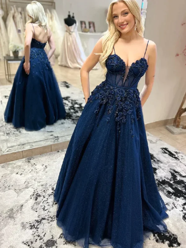 shift dressNavy A-Line Tulle Appliques Long Prom Dress,DP1016