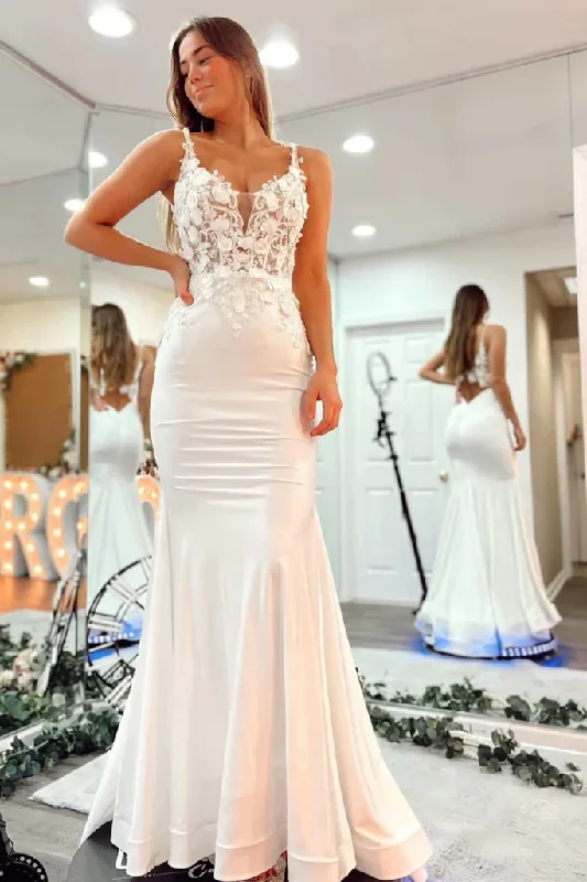 party dressWhite Open Back Satin Appliques Mermaid Prom Party Dress,DP994