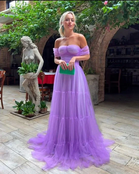 ashionable dressElegant Purple Tulle A-Line Off Shoulder Long Prom Dress,DP757