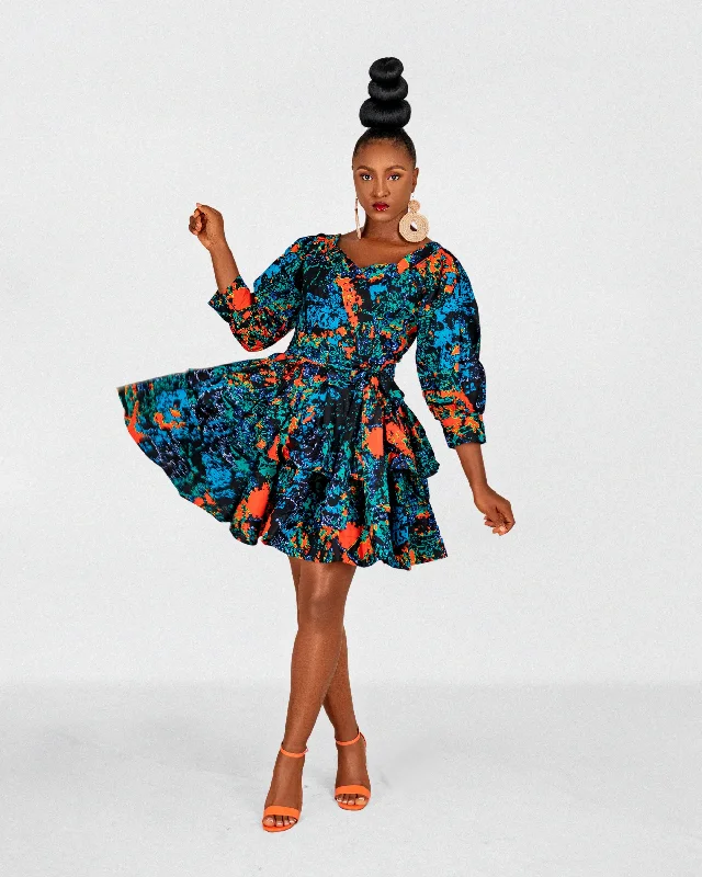 trendy mini dressPeng Ankara Mini Dress | Blue Orange Multicoloured  Print