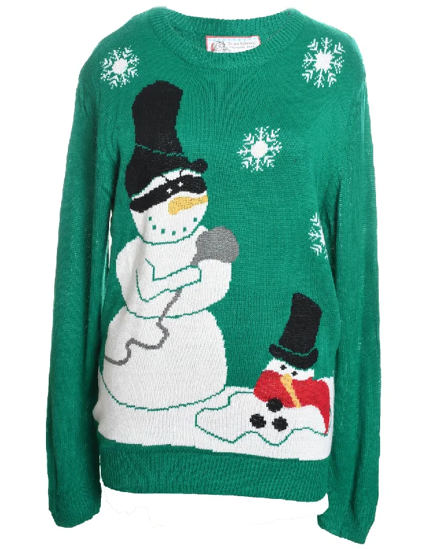 Snowman Design Green Knit Christmas Jumper - XL