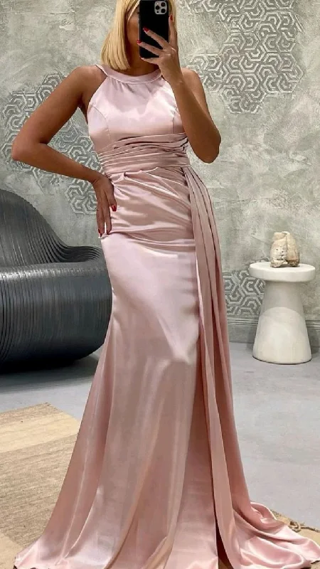 fitted dressLight Pink Elegant Sleeveless Satin Long Prom Dress,DP751