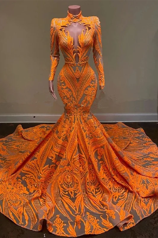 office dressOrange Sequins Lace Mermaid Long Sleeves Prom Dress,DP869