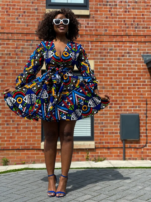 chic dressBani Ankara Mini Dress | Blue and White Multicolored African tribal Print