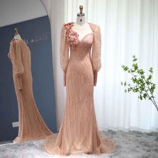 elegant shift dressLuxury Rose Gold Evening Dress Elegant Long Sleeves Formal Dresses,DP864