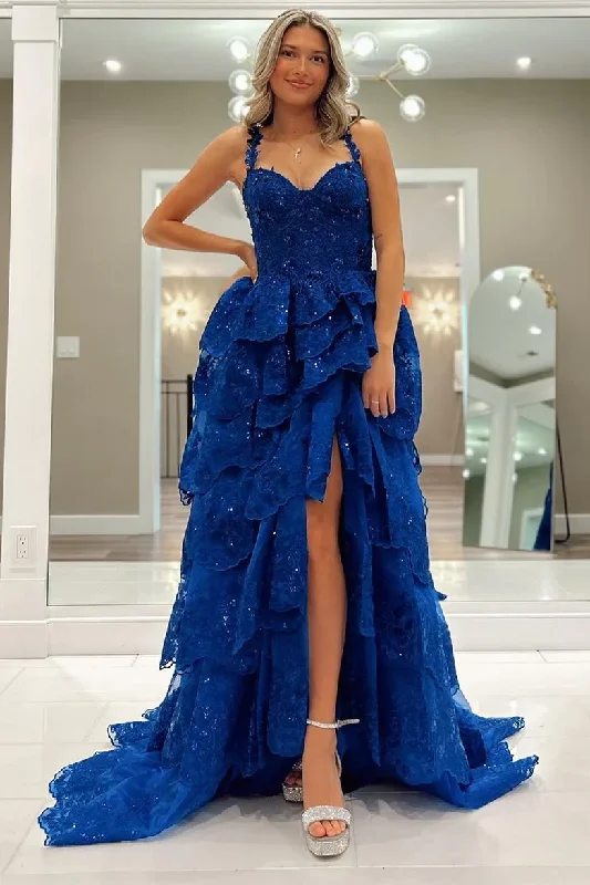 structured dressRoyal Blue Tulle Sequin Ruffle Tiered Long Prom Dress,DP824