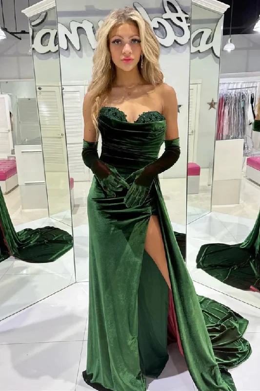 puff sleeve dressEmerald Green Sweetheart Strapless Velvet Long Prom Party Dress with Slit,DP987